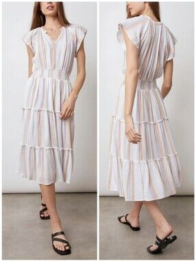 Amelia Merida Stripe White Purple Orange Midi Dress, M